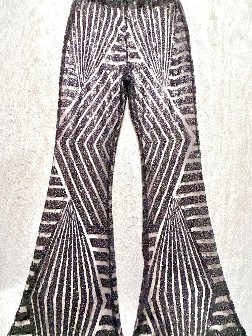 BLACK GEOMETRIC SEQUIN FLARE PANTS HIGH WAISTED DISCO FESTIVAL HOLIDAY S